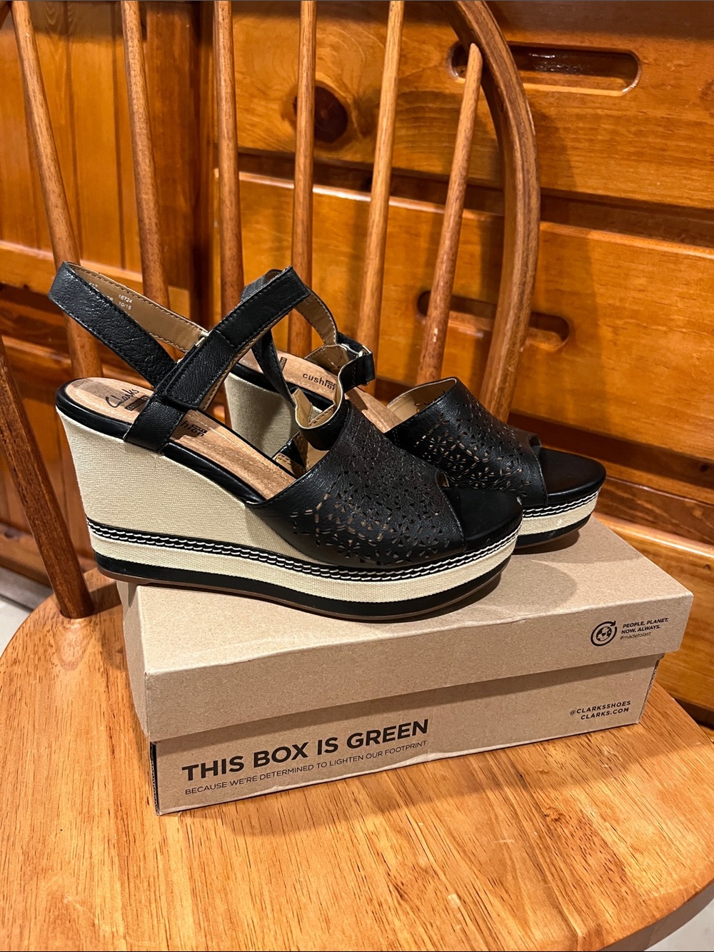 Clark’s Black Wedge Sandals with Cream Platform - Women's Comfortable Slingback